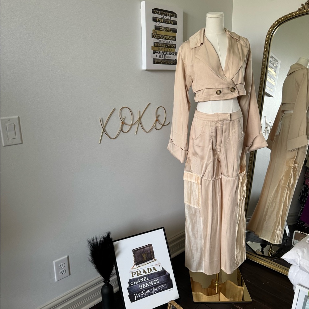 Beige Cropped Jacket and Skirt Set